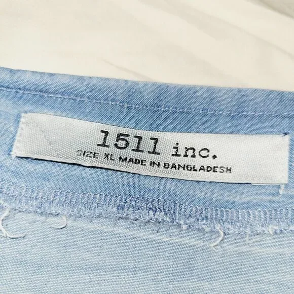 1511 Inc Top Woman XLarge Blue Chambray Fitted Tie Sleeve V-Neck Casual Boho Y2K - Picture 8 of 14